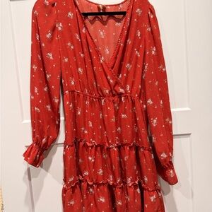 Elegant Red Floral Long Sleeve Dress